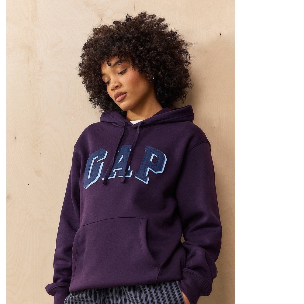 GAP Logo Hoodie Purple Blue Applique Fleece Sweatshirt Medium Classic Casual